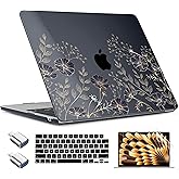 TWOLSKOO Compatible with M4 MacBook Air 13.6 inch Case 2025-2022 Release M4 A3240 M3 A3113 M2 A2681, Plastic Hard Shell & Keyboard Cover & Type C Adapter & Screen Protector, Golden Flowers