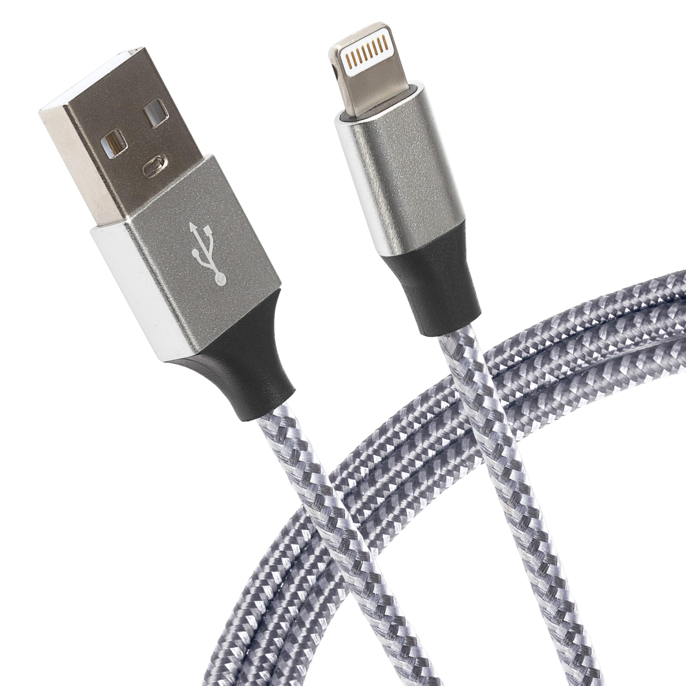 Maplin Braided Fast Charging Lightning to USB-A Cable Silver, 1m, Compatible with all iPhones 14, 13, 12, 11, SE, iPad Air/Mini (2019), iPad (up to 2021 generation), Airpods (w/Lightning Case)