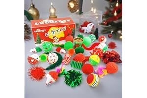 LUCKITTY Christmas Cat Toys 30-Piece Gift Set - Cat Balls, Springs, Mice & Feather Toys in Holiday Box, Kitty Gifts for Christmas