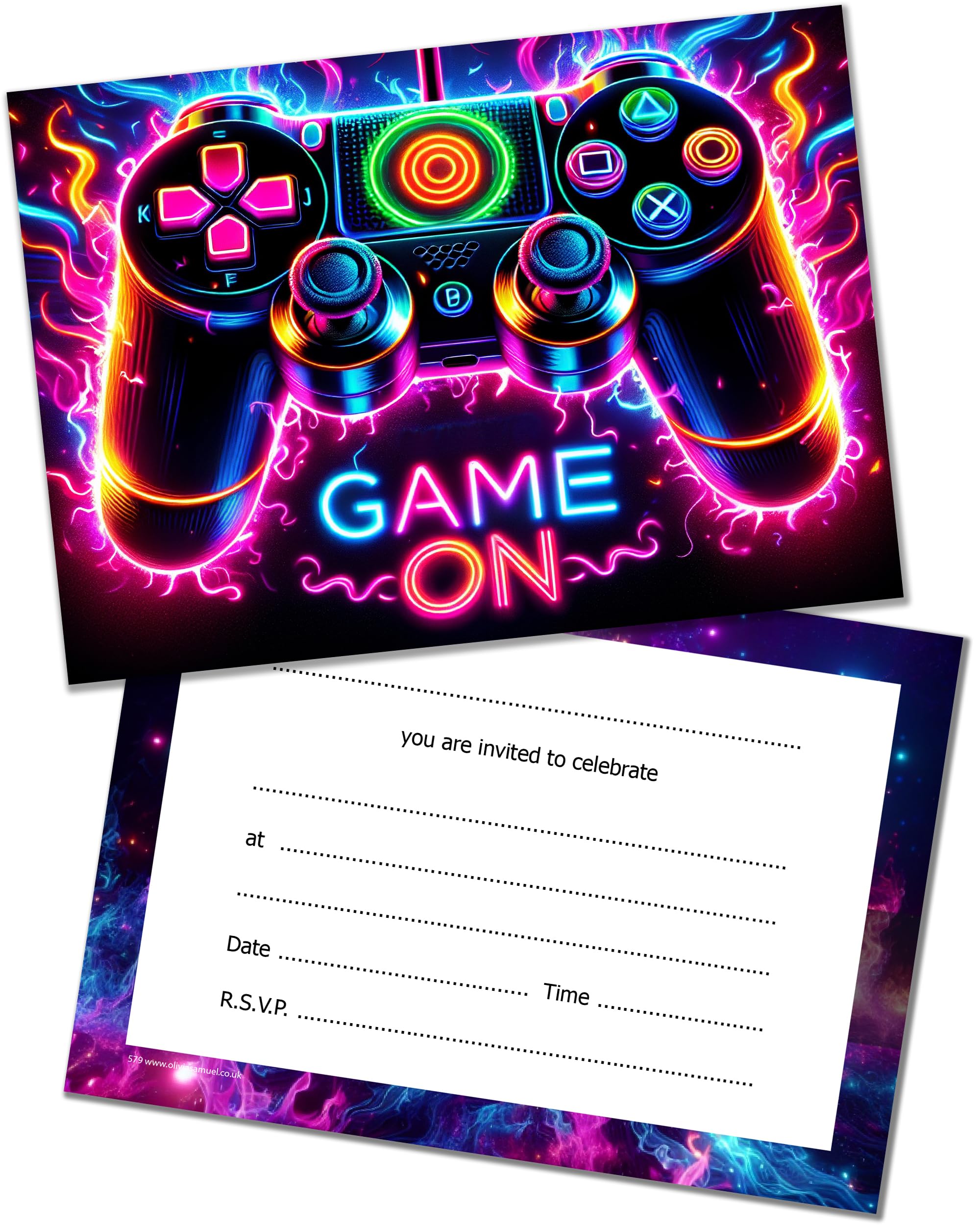 Olivia Samuel 40 PACK of Party Invitations with Envelopes - Gaming Themed Party Invites in Neon Colours. Designed and Printed in the UK