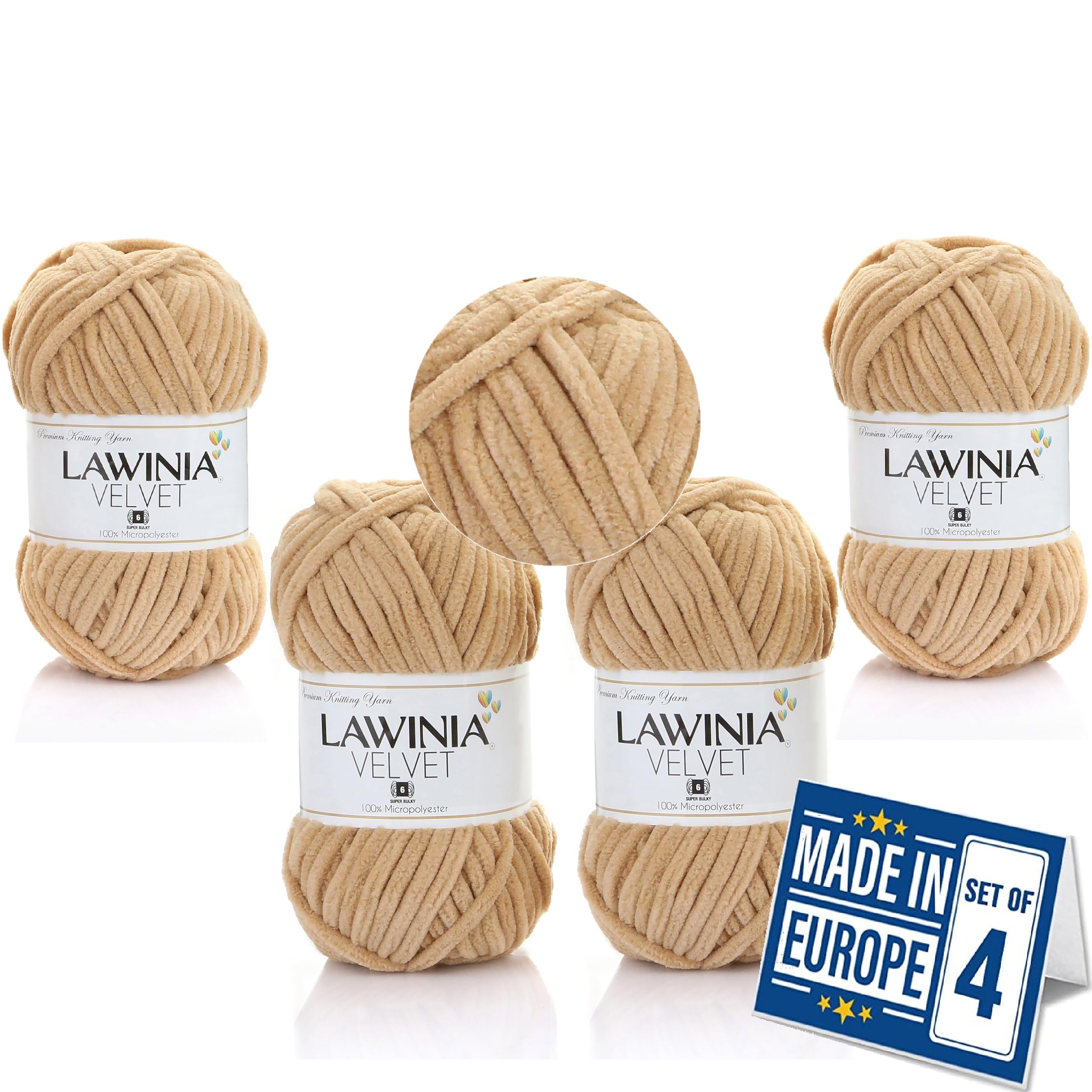 LAWINIA -Velvet Premium Soft Chenille Yarn Chunky, Velvet Yarn Crochet, Does NOT SHED, Plush Blanket Wool for Crochet, Thick Chunky Wool for Knitting, Pack of 4