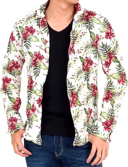 Amazon トップイズム Topism 2パターン しわ加工リネン綿麻テーラードメンズシャツジャケット M 21 しわ加工ハイビスカス Red コート ジャケット 通販