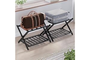Semiocthome Fully Assembled Black Luggage Rack, Pack of 2, Folding Suitcase Stand with Storage Shelf, Wood Suitcase Rack fit Most Luggage Size for Guest Room Bedroom and Hotel