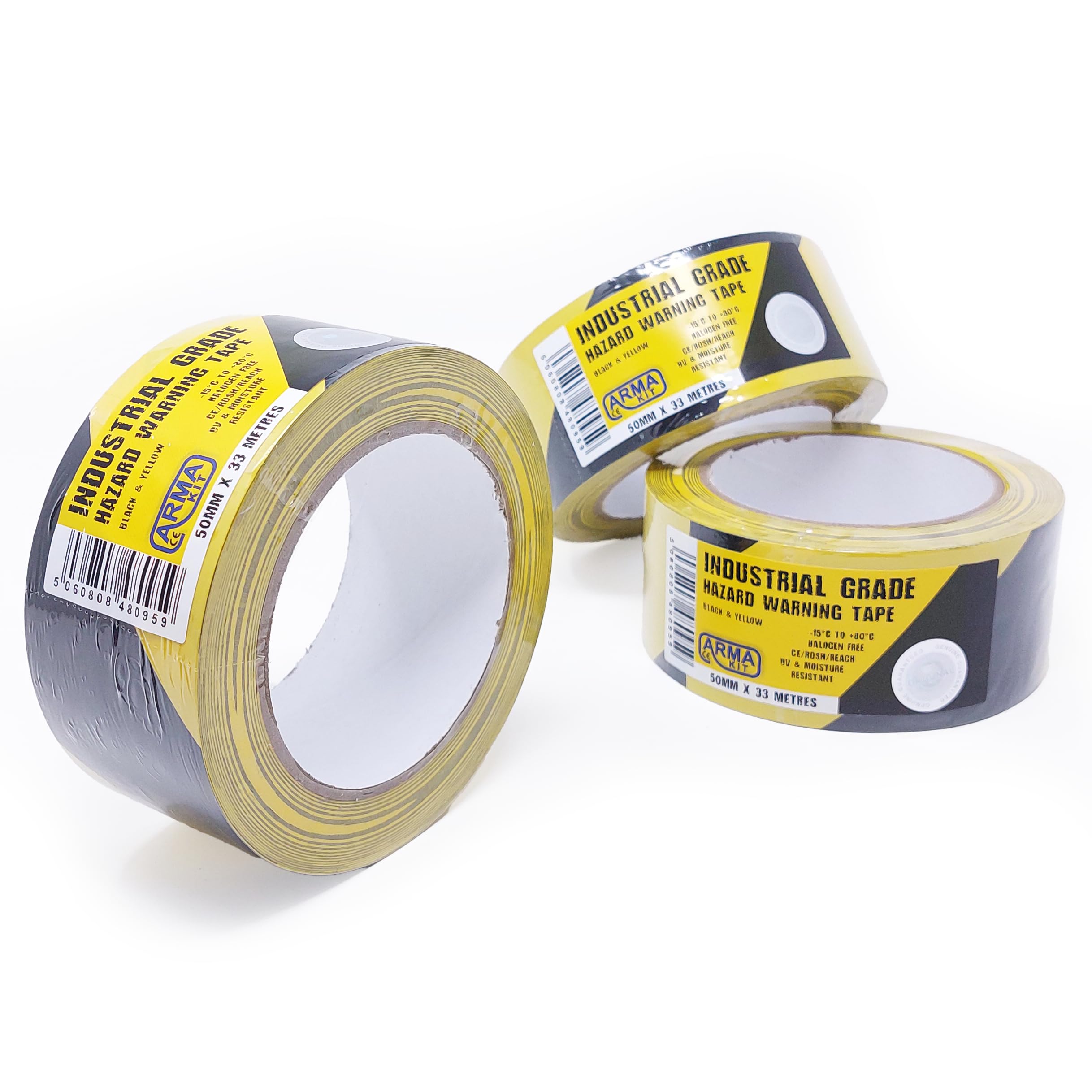 ArmaKit Hazard Tape | 50mm wide (2") x 33m Length (Yellow/Black) 3 Pack - High Visibility Black and Yellow Diagonal Striped. Indoor/Outdoor All-Weather; Carpet, Tile, Wood, Stone, Concrete, Metal