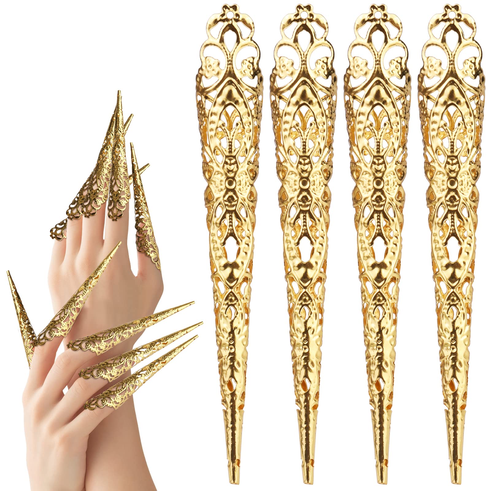 Mwoot 10 Pack Finger Nail Tip Claw Rings, Ancient Queen Costume Fingernail Nail Rings Set, Knuckle Protectors Fingertip Claw for Halloween Cosplay Drama Belly Dance Show - Golden — image 1