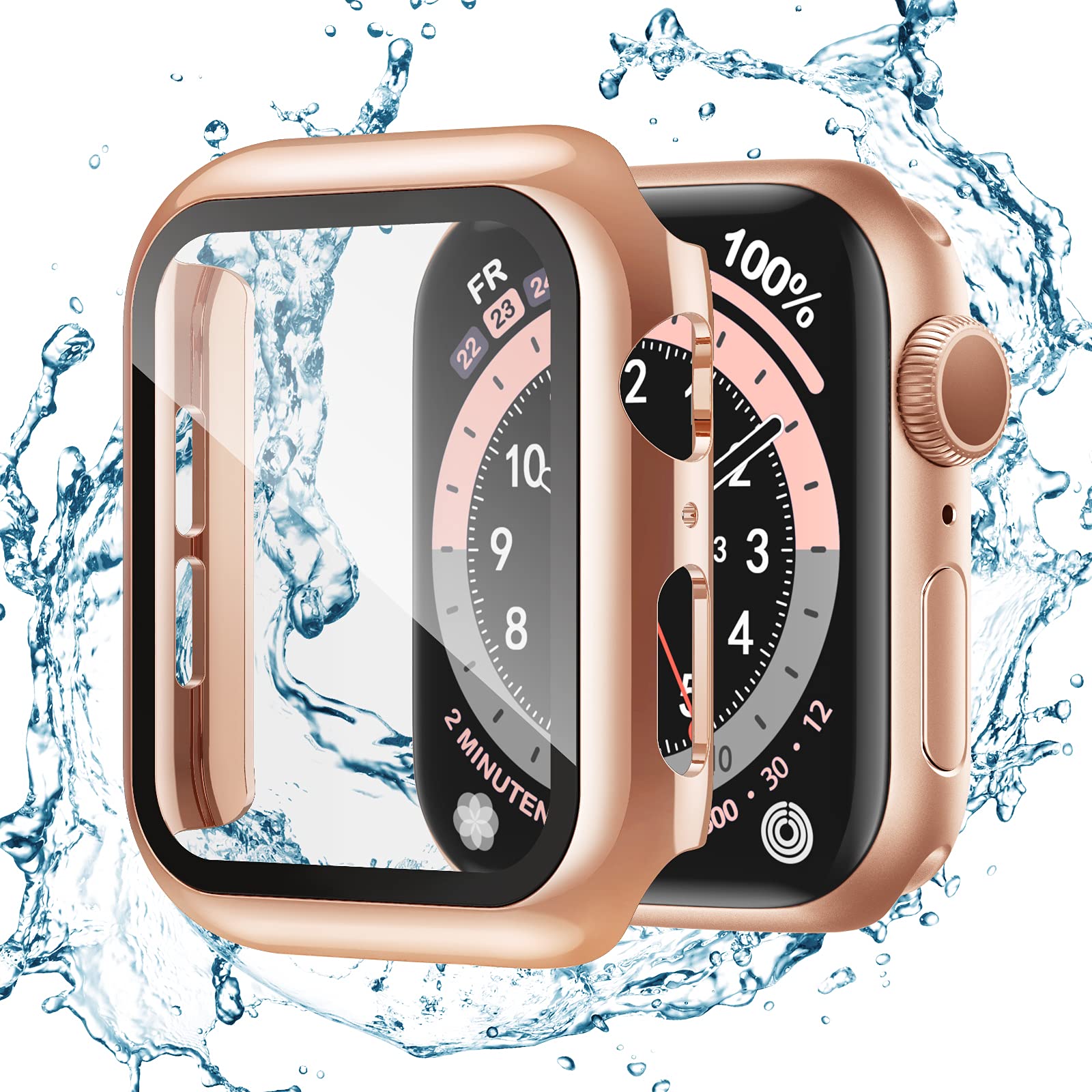 Recoppa for Waterproof Apple Watch Case 44mm Series 6/SE/5/4 with Tempered Glass Screen Protector, Hard PC Ultra-Thin Bumper HD Clear Anti-Fog All Around Protective Cover for iWatch 44mm Rosegold