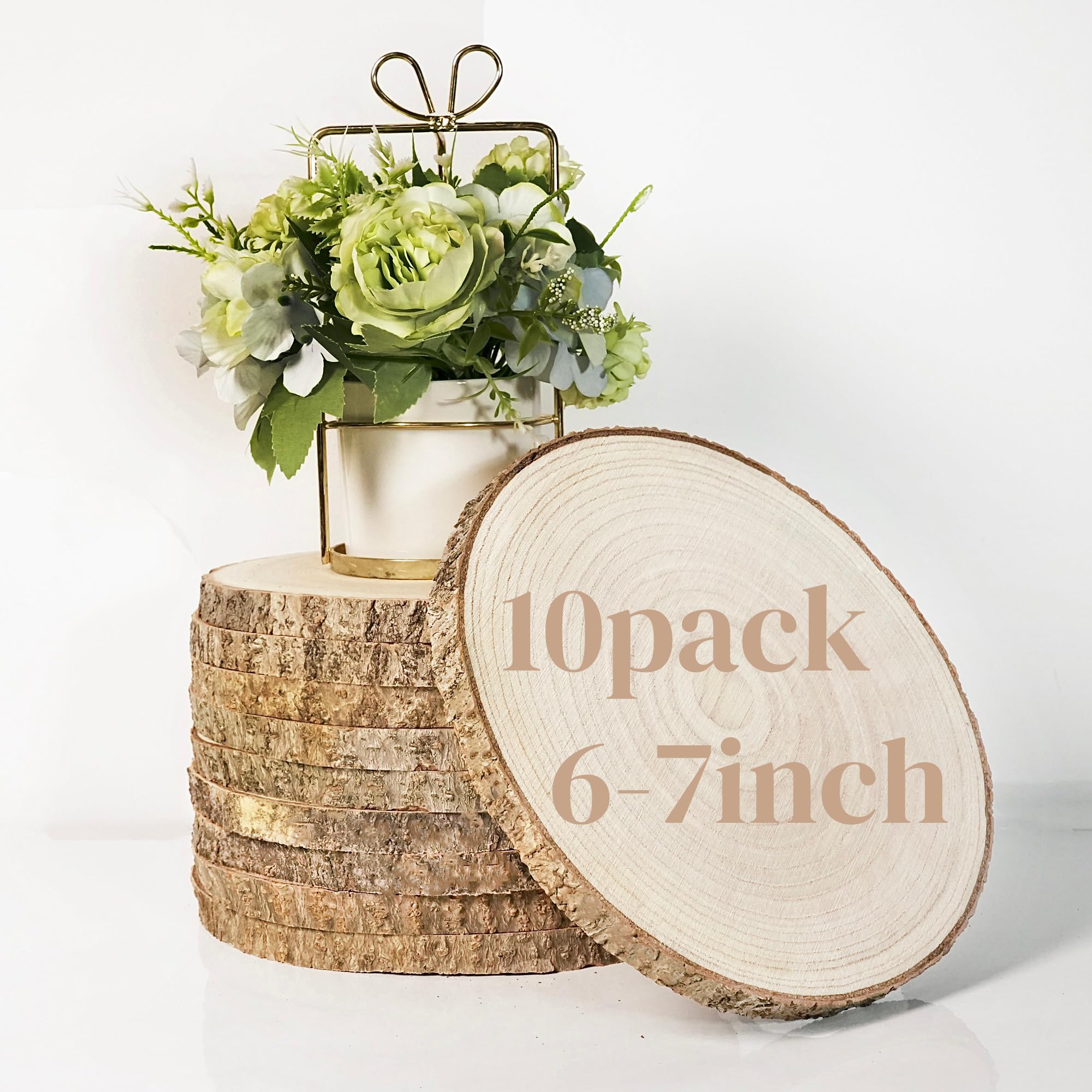 Photo 1 of 10 Pcs Large Wood Slices for Centerpieces - Rustic Wood Centerpieces for Tables, Natural Wood Slabs, Ideal for Weddings, Crafts, and DIY Projects (6-7 inch)