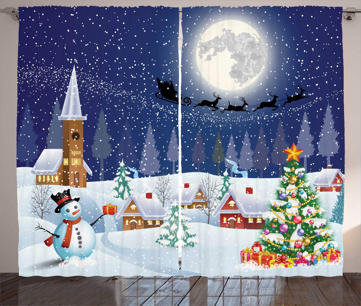 ABAKUHAUS Christmas Curtains, Winter Season Snowman Xmas Tree Santa Sleigh Moon Present Boxes Snow and Stars, Living Room Bedroom Window Drapes 2 Panel Set, 280 x 225 cm, White Blue