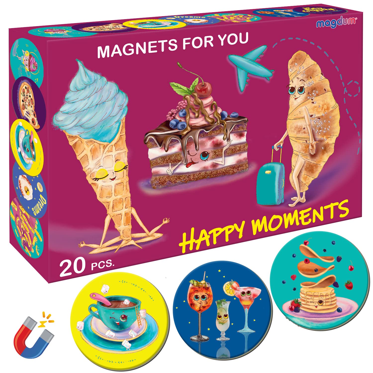 Cute Food Fridge Magnets for Kids - Magdum - 20 Decorative Kitchen Magnets - Colourful Dessert & Food Magnet Set for Fridge or Whiteboard - Fun Home Decoration - Strong Durable Magnets - Small Gift