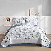 FineStichery Oversized King Bedspreads 128"x120", 100% Cotton Floral California King Quilt Reversible Coverlet, Lightweight Farmhouse Quilted Bedding Set 3 Piece, Grayish Blue/White