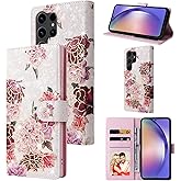 UEEBAI Wallet Case for Samsung Galaxy S25 Ultra 5G, Leather Phone Wallet Kickstand RFID Blocking Flip Case Card Slots Wrist Strap Relief Engraved Pattern Magnetic Closure Flower Cover, White Flower