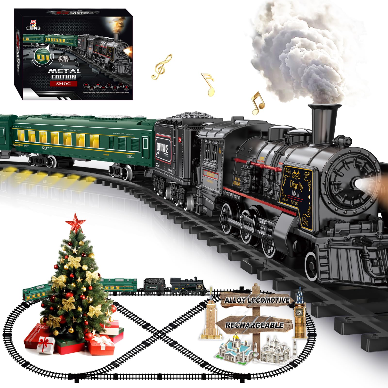 Electric Train Sets for Kids Metal Alloy Christmas Train Toys Steam Locomotive, Glowing Passenger Carriages, Luxury Tracks, Light & Sounds Rechargeable Birthday Gifts for Boys Girls Green