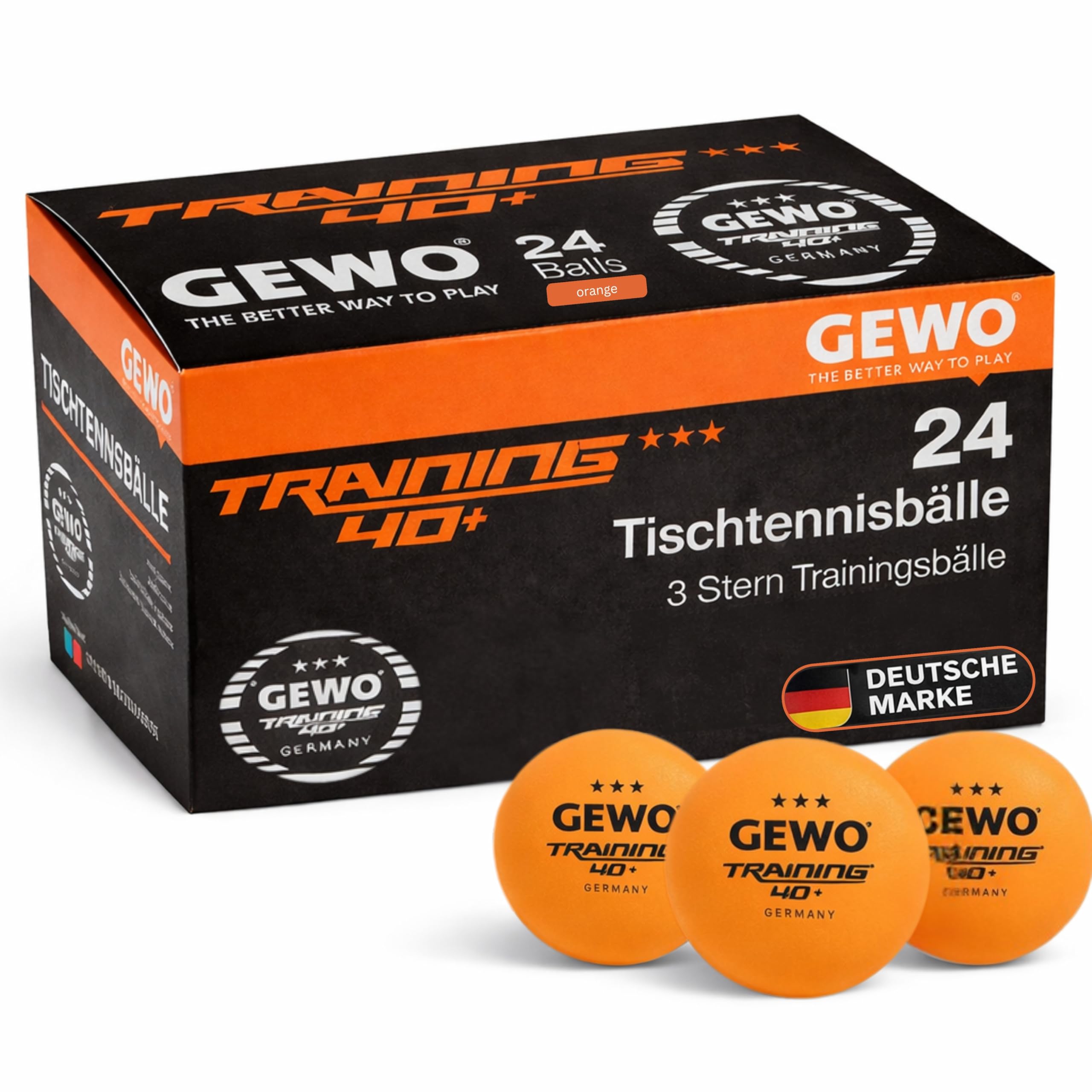 GEWO Table Tennis Balls Training 40+ - 3 Star Table Tennis Balls Made of ABS Plastic with Seam Ping Pong Balls, Diameter 40 + mm, Storage Pack of 24 Pieces, Orange