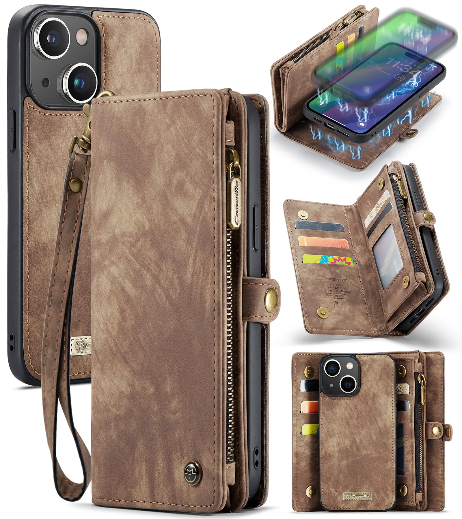 ANROD Leather Flip Wallet Case for iPhone 15 Plus, Detachable Back Shell Magnetic Closure 2-in-1 Shockproof Zipper Purse Cover for iPhone 15 Plus, with Card Slots (Coffee)