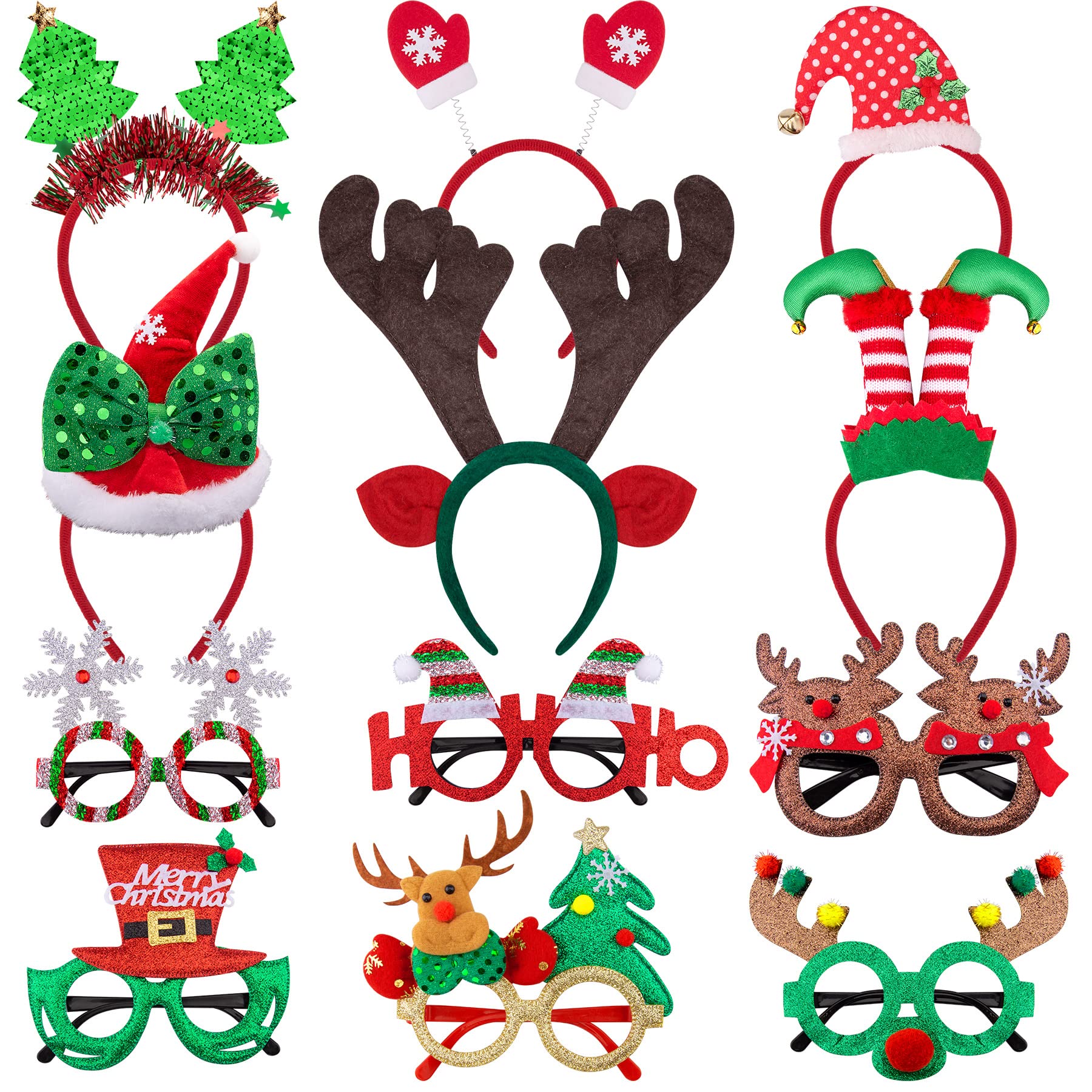 SIQUK 6 Pcs Christmas Headbands and 6 Pcs Christmas Glasses Frames Funny Reindeer Costume Headband Christmas Tree Snowflake Glasses, Party Favours and Decorations for Christmas