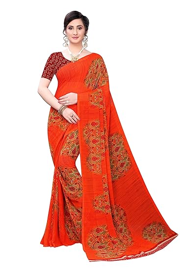 Womens Georgette Printed Saree With Blouse(manya-9008,Orange)