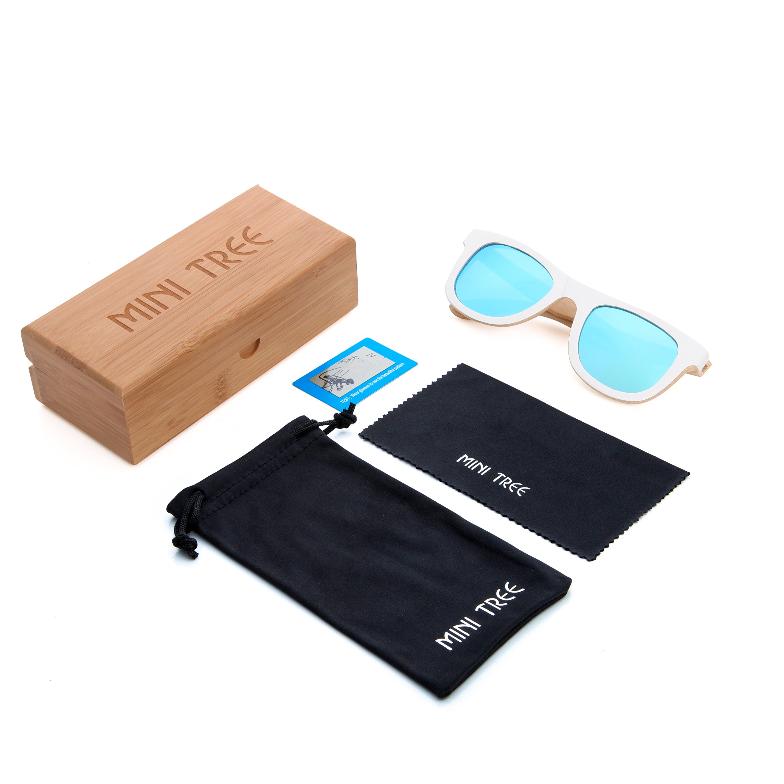 Mini Tree Wayfarer Anti-Glare Polarized Bamboo Sunglasses White Frame Vintage Eyewear Unisex WB500 (Bamboo, Ice Blue)