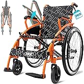 VOCIC U31 Lightweight Folding Wheelchair for Adults, Self Propelled | Portable Wheelchair for Seniors with Flip-Back Arm Double-Brake Designwith 23.7-Inch Large Rear Orange