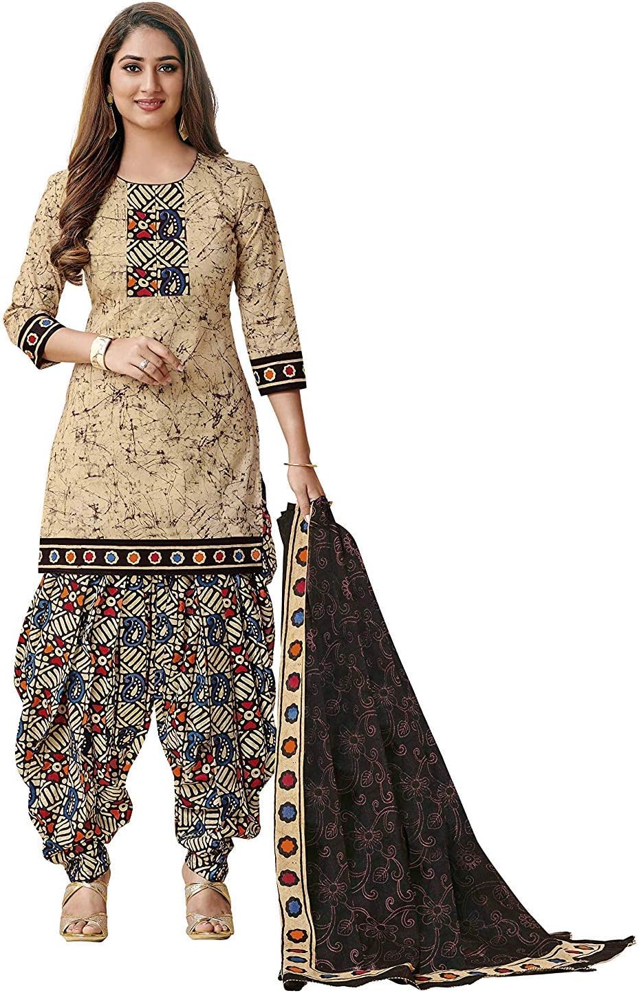 VintFlea Womens's Cotton Unstitched Salwar Suit, Indian Punjabi Style Fashion, Patiyala or Bollywood Design Look, Salwar Kameez, Daily or Party Wear, Multicolor, Free Size (Free Express Shipping)