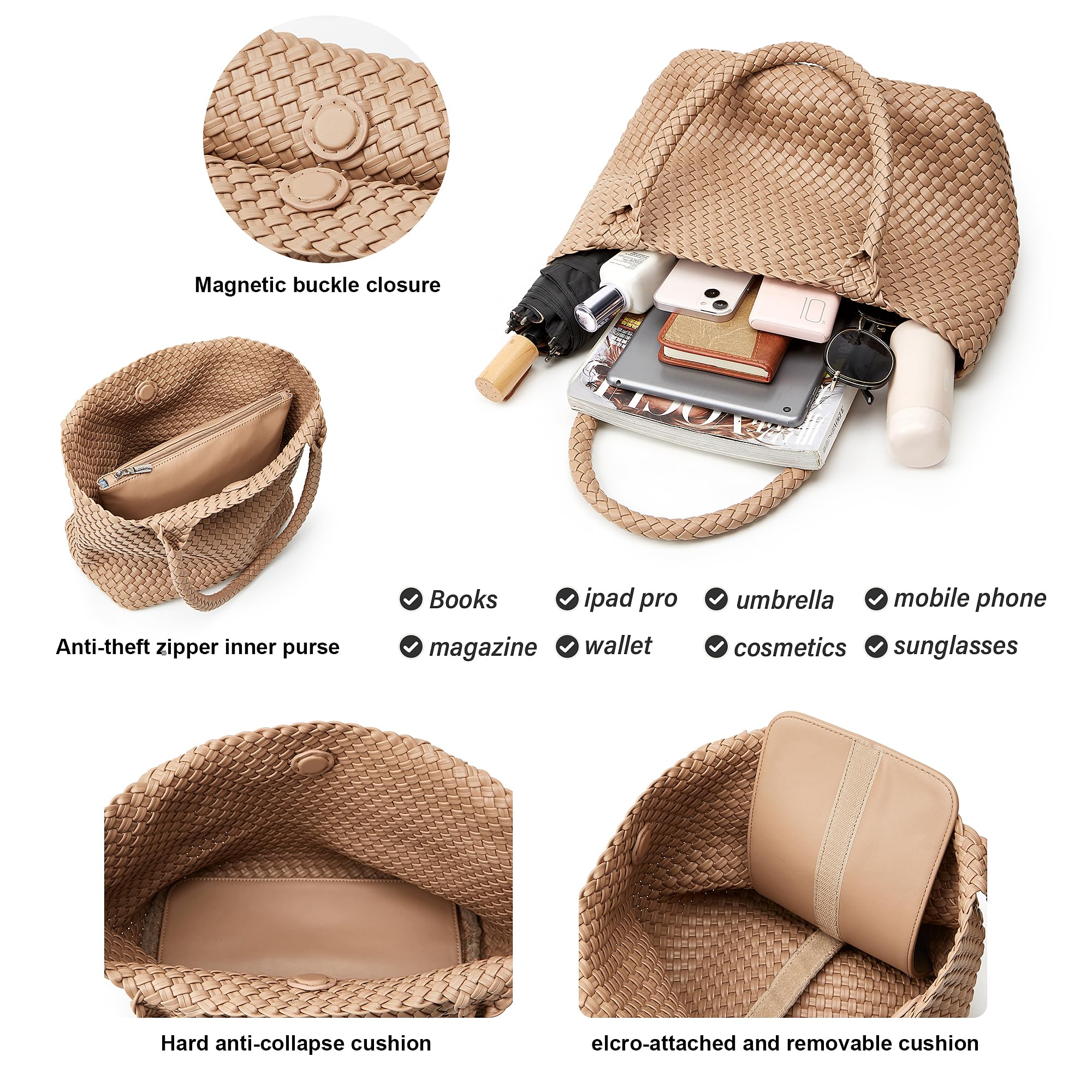 BOYATU Woven Tote Bag Womens Purse: Vegan Leather Shoulder Handbags - Fashion Summer Beach Tote Bags - Large Travel Totes