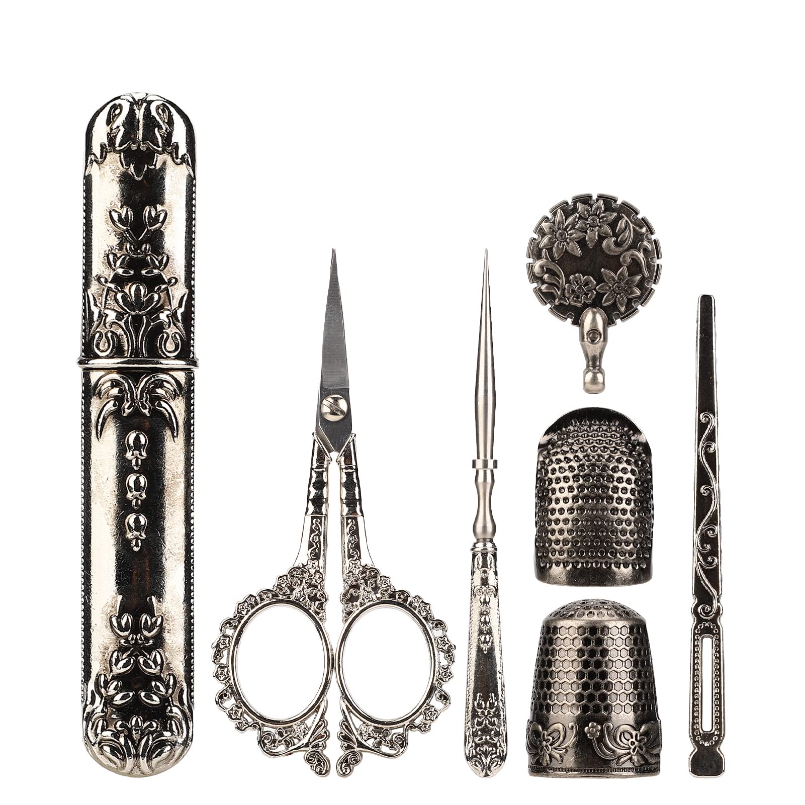 Embroidery Scissors Kit, Stainless Steel European Style Vintage Sewing Scissors Set, Antique Vintage Sewing Kit with Sewing Needle Case & Thimble for Crafting, Sewing, Needlework, Handcraft(Silver)