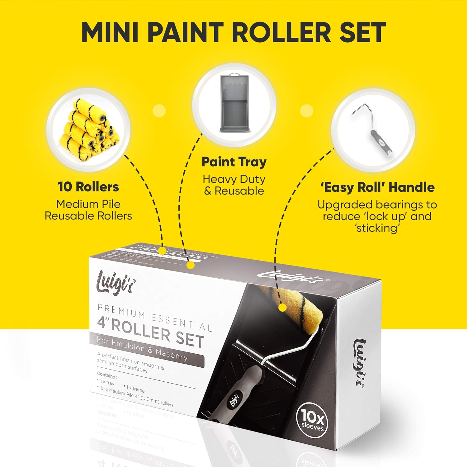 Luigi's Small Paint Roller Set | 4 Inch Paint Rollers | Medium Pile | 10 x Mini Paint Roller Cover with Steel Handle & Tray - - 