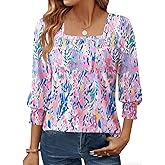 GKBK Womens 3/4 Sleeve Shirts Square Neck Dressy Casual Blouses Spring Summer Smocked Cuffs Tops