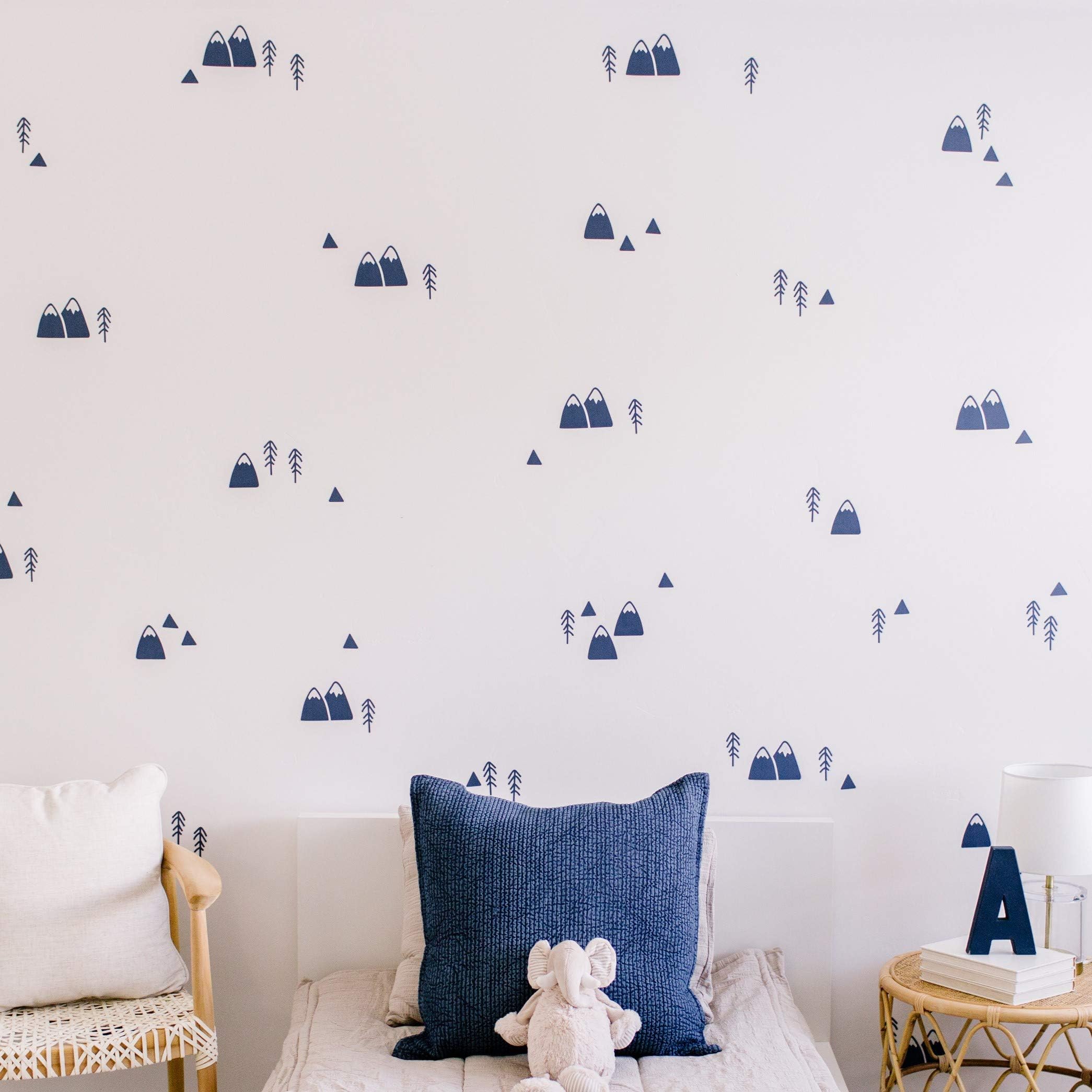 Modern MaxwellWall Art Decals for Boys Nursery, Bedroom, Living Room “Wasatch” Navy Mountain and Trees Room Sticker 104 Pieces