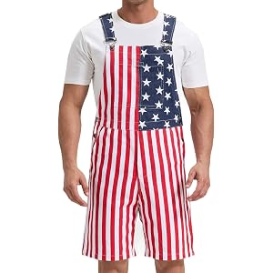 KTWOLEN Printed Overalls Romper American Flag Shorts Jumpsuits Festival Bib Overalls for Men