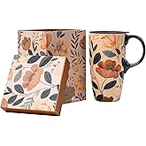 Topadorn Ceramic Travel Mug with Lid and Handle ，Coffee Mug Teacup in Color Box 17 Oz, Splash Resistant Lid - To Go Tumbler for Car Cup Holder, Green Leaves And Flowers