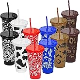 Cinrobiye 12 Pcs Western Party Plastic Tumbler with Lids and Straws Wild West Rodeo Cowboy Plastic Cups 24 oz Drink Cups Bulk for Rodeo Western Barn Party Decoration Supplies Gifts