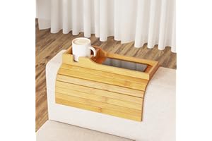 SpaceAid Bamboo Couch Cup Holder, Anti Falling Foldable Sofa Armrest Tray with Cup Holder, Couch Arm Side Table Organizer for Drink Cup Remote Snacks (Natural)