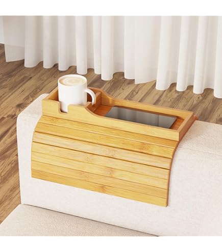 Porte-gobelet En Bambou Naturel Pour Canapé - Plateau Accoudoir Avec Emplacement Téléphone - Élégant Et Antidérapant