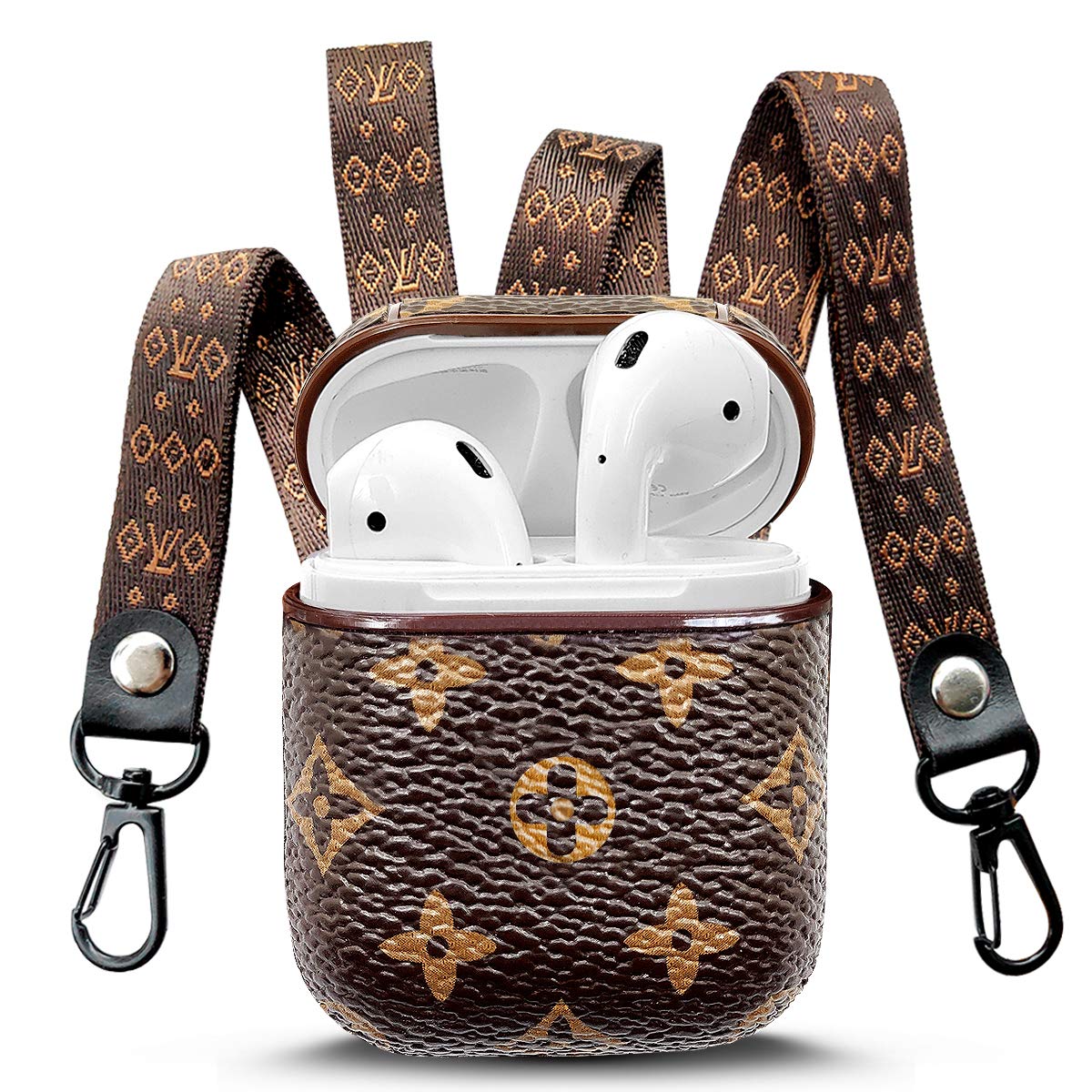 Designer Luxury Case for Airpod Case Come with 16.5 inch Neck Lanyard Keychain and 6.3 inch Hand Strap Compatible with Airpods Case 1/2 (Brown-V2)