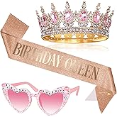 Edussy 3 pcs Birthday Decorations for Women Set,Rose Gold Rhinestone Birthdays Queen Crown and Sash,Pink Heart Sunglasses for Party Decor and Birthday Gifts for Women and Her