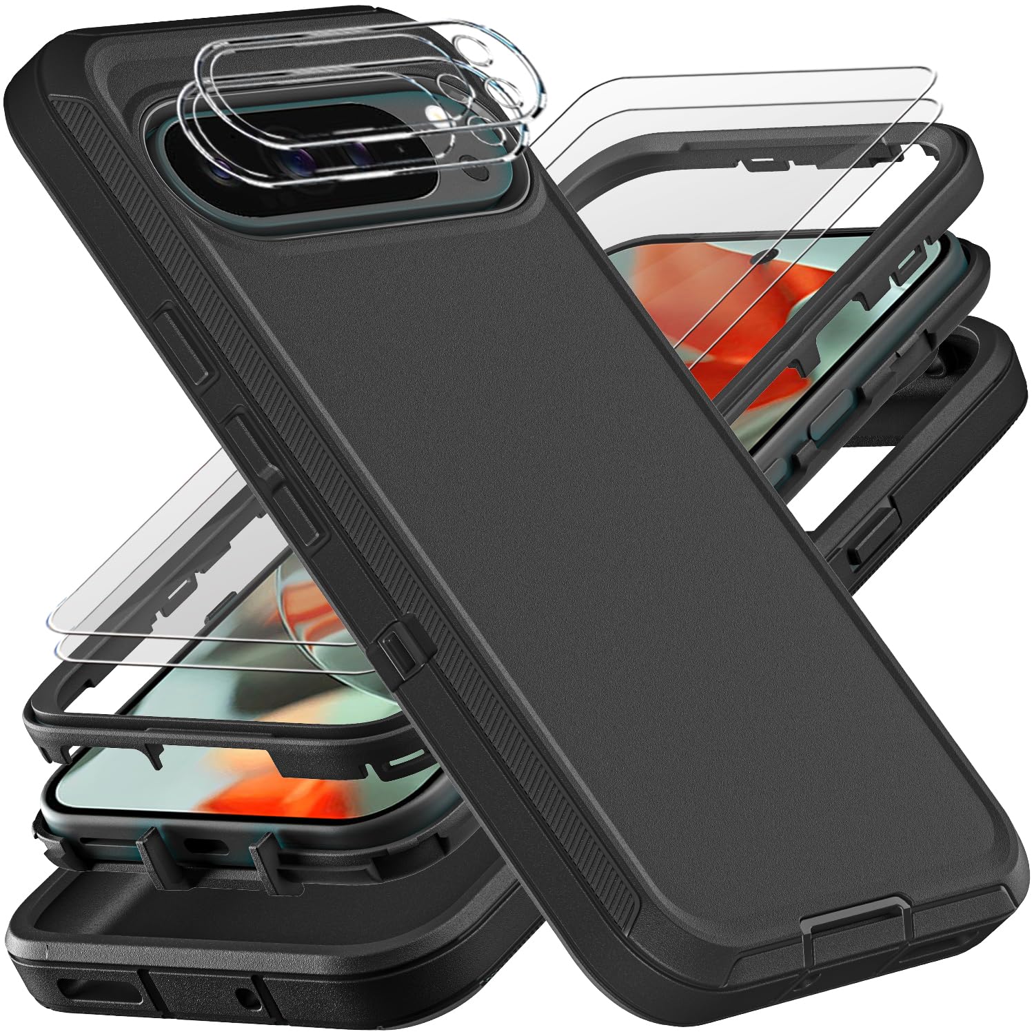 Photo 1 of YKHJKLEC for Google Pixel 10 Pro XL Case, Military Grade 3 in 1 Heavy Duty Shockproof/Drop Proof/Dust Proof Case with 2Pcs Tempered Glass Screen Protector & Camera Lens Protector (Black/Black)
