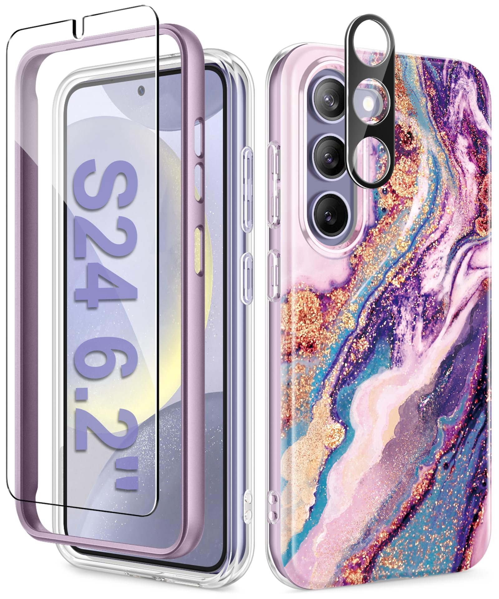 Photo 1 of GVIEWIN for Samsung Galaxy S24 Case with Screen Protector & Camera Lens Protector, [Military Grade Drop Test] Full Body Protection Rugged Marble Phone Cover Women 6.2" (Dreamland River/Purple)