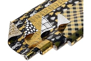 American Greetings Foil Reversible Christmas Bulk Gift Wrapping Paper Bundle, 4 Rolls; Black and Gold Christmas Trees, Plaid,
