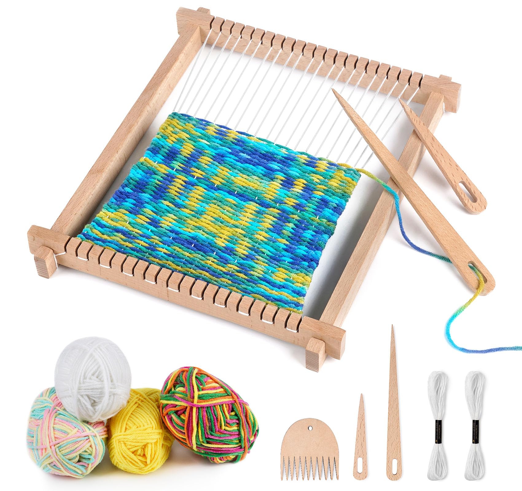 Wooden Weaving Loom Kit, 24x28cm Wooden Multi-Craft Weaving Loom Adjustable Hand-Knit Machine, STEM Weaving Kits Educational Toy with Yarns,Rods,Combs and Shuttles, Suitable for Beginner & Kids