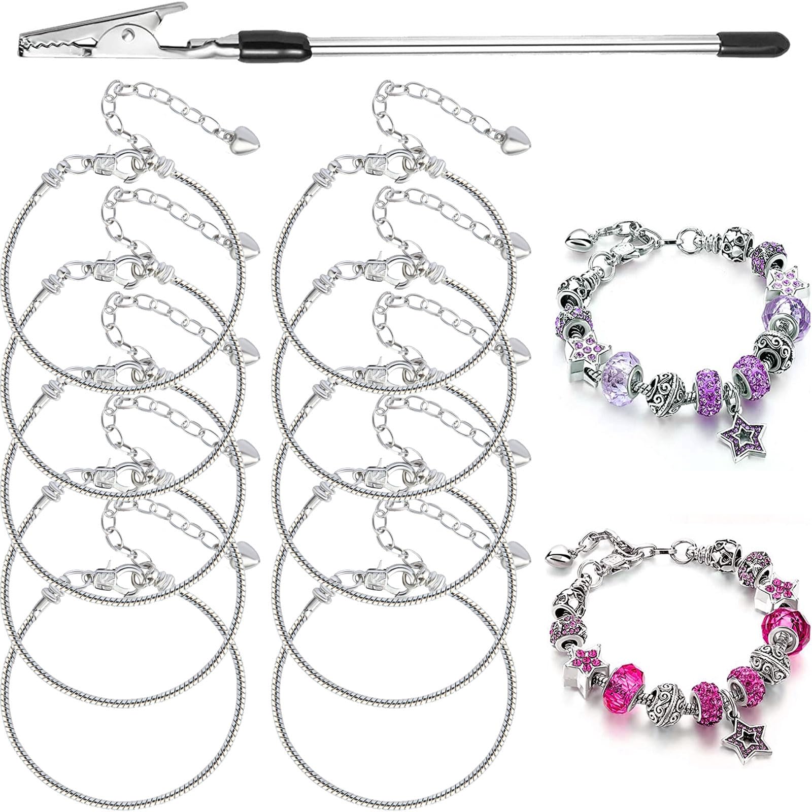 Photo 1 of 10 Pcs Snake Chain Charm Bracelet Chains with Bracelet Helper 3mm Adjustable Snake Charm Bracelet with Heart Lobster Clasp Extender Chain DIY Bracelet Chains for Women Gifts Jewelry Making Supplies