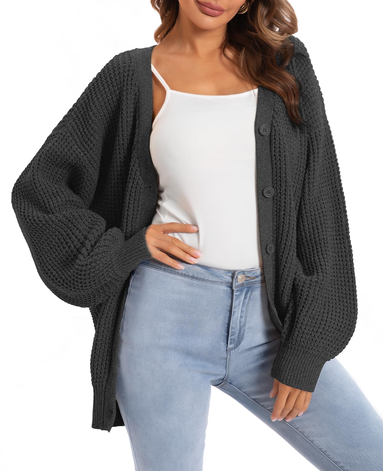 QUALFORT Women's Cardigan Sweaters for Women 100% Cotton Button-Down Long Sleeve Fall Sweaters for Women 2025 Dark Grey 3X-Large Image