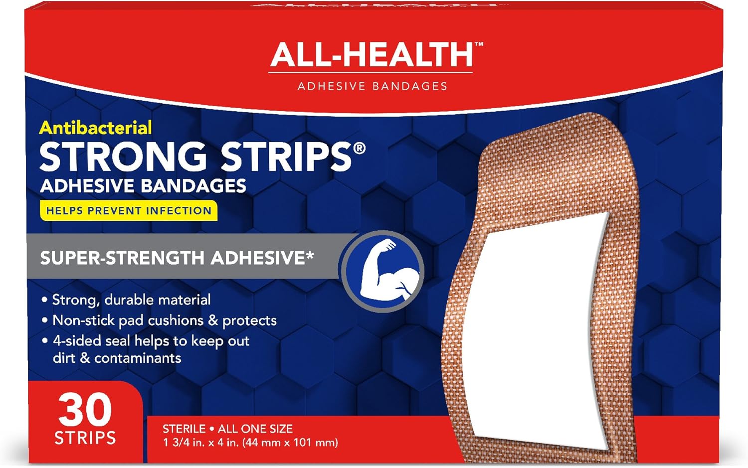 All Health Antibacterial Heavy Fabric Strong Strip Adhesive Bandages, XL 1.75 in x 4 in, 30 ct | Extra Large, Helps Prevent Infection, Durable Protection for First Aid and Wound Care: Health & Personal Care