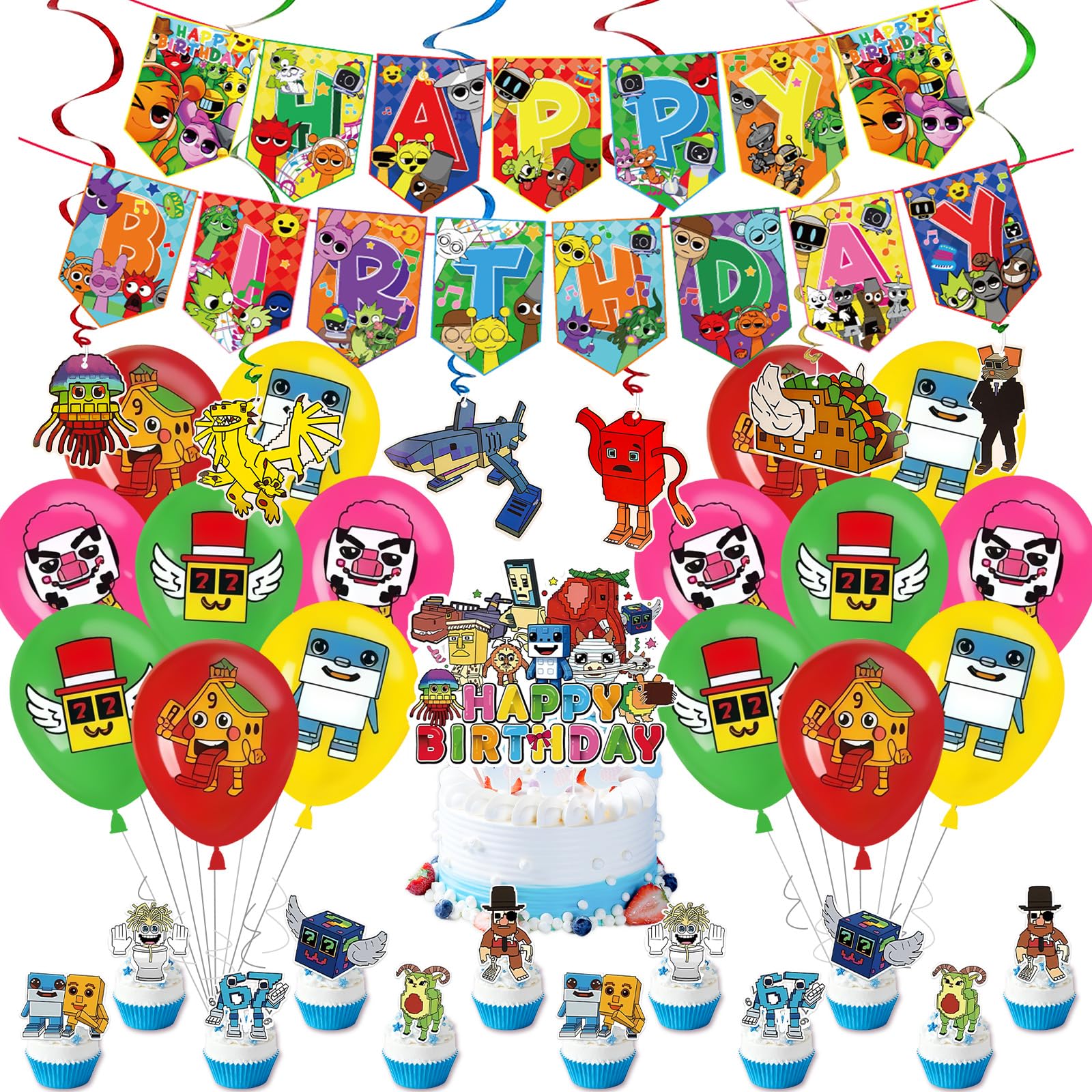 48PCS Brainrot Birthday Decorations, Cute Party Supplies for Boys and Girls Birthday Party, Kids B irthday Decorations Pack with Brainrot Cake Topper Balloon Banner Swirls