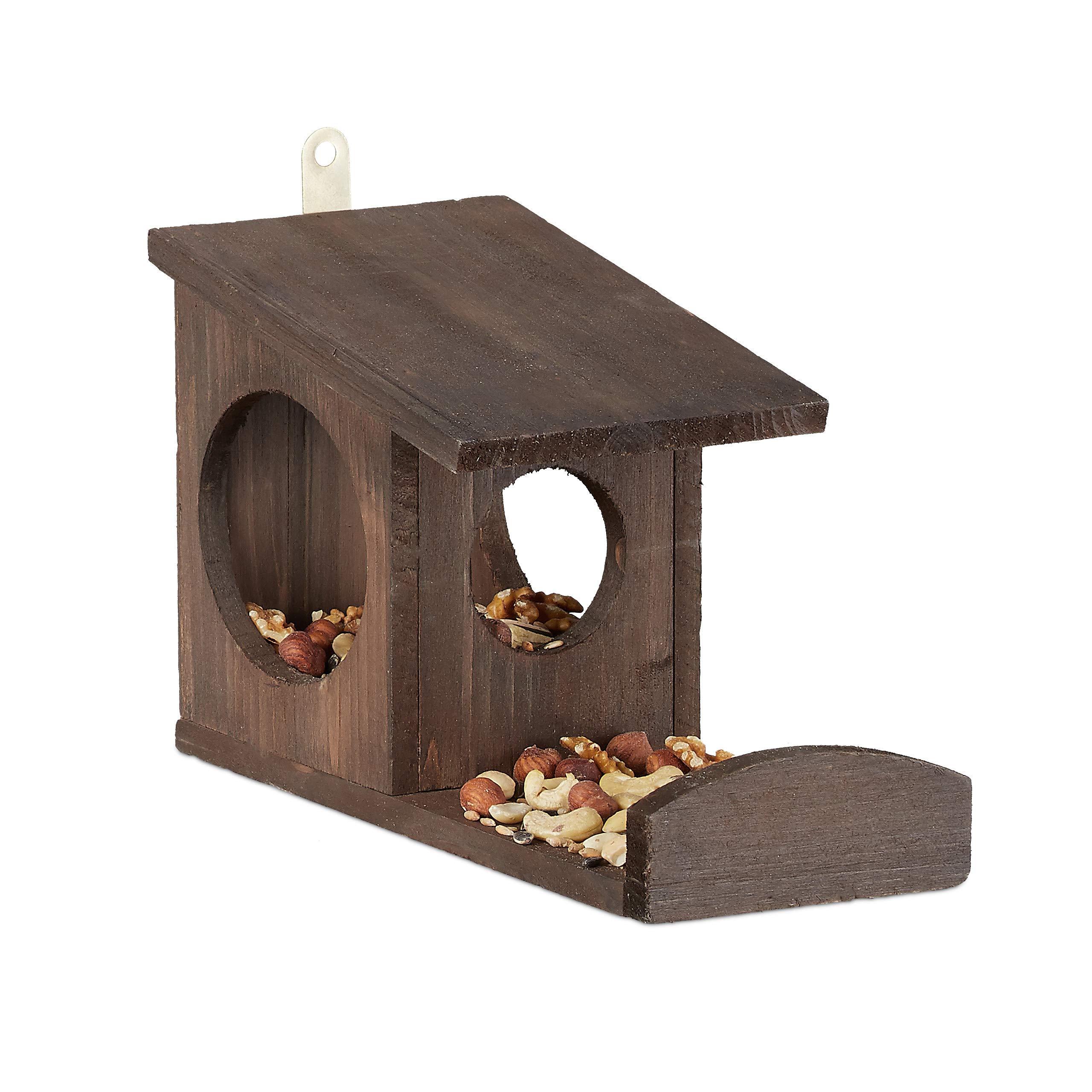 Relaxdays Squirrel Feeder House, Feeding Station Box, Hanging, Wooden, HWD: 17.5 x 14 x 25 cm, Dark Brown