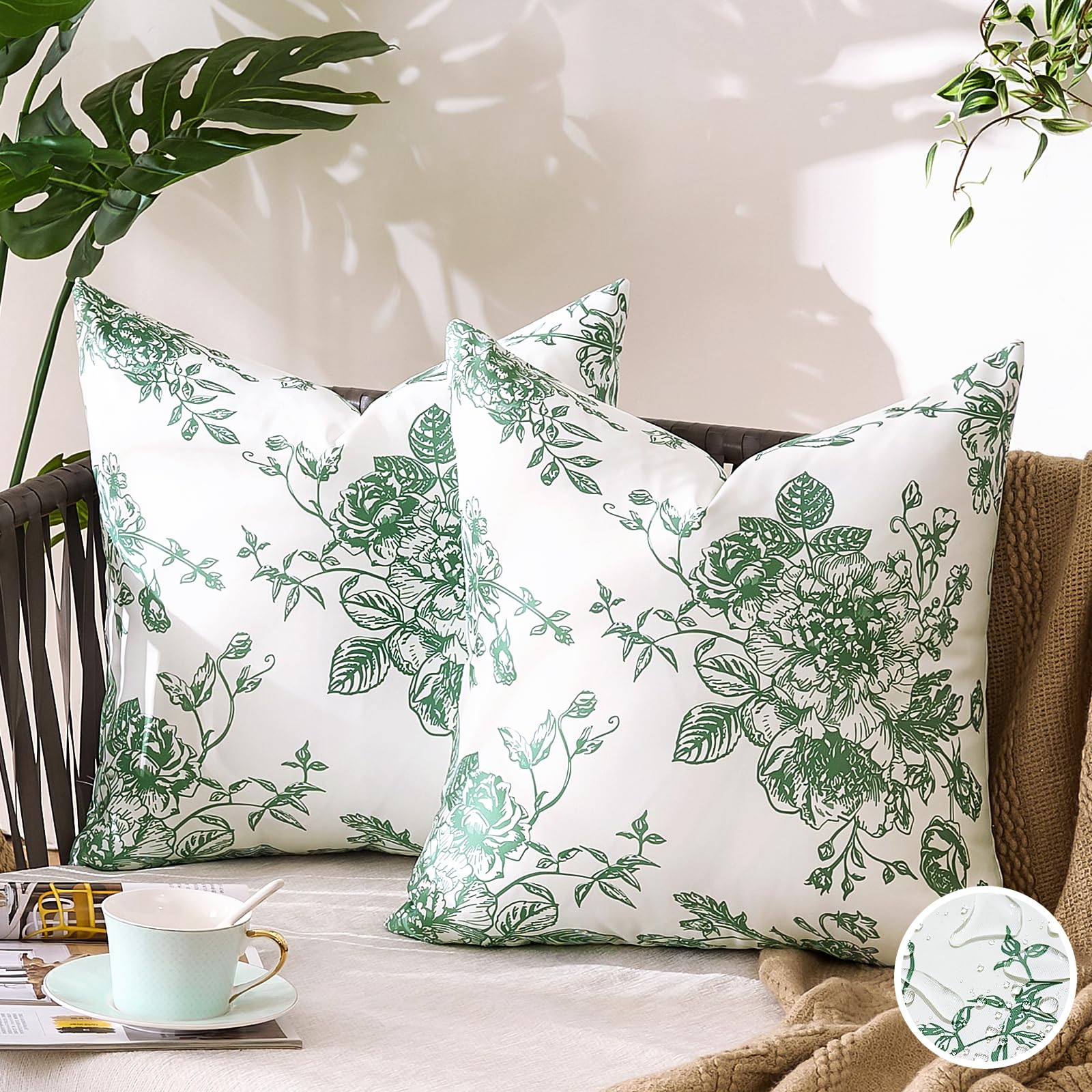 Photo 1 of Sage Green Outdoor Throw Pillow Covers 18x18 Inch Farmhouse Pillow Covers Waterproof Country Retro Cushion Covers for Rattan Couch Home Sofa Decoration Patio Square Spring Set of 2 Pillowcases