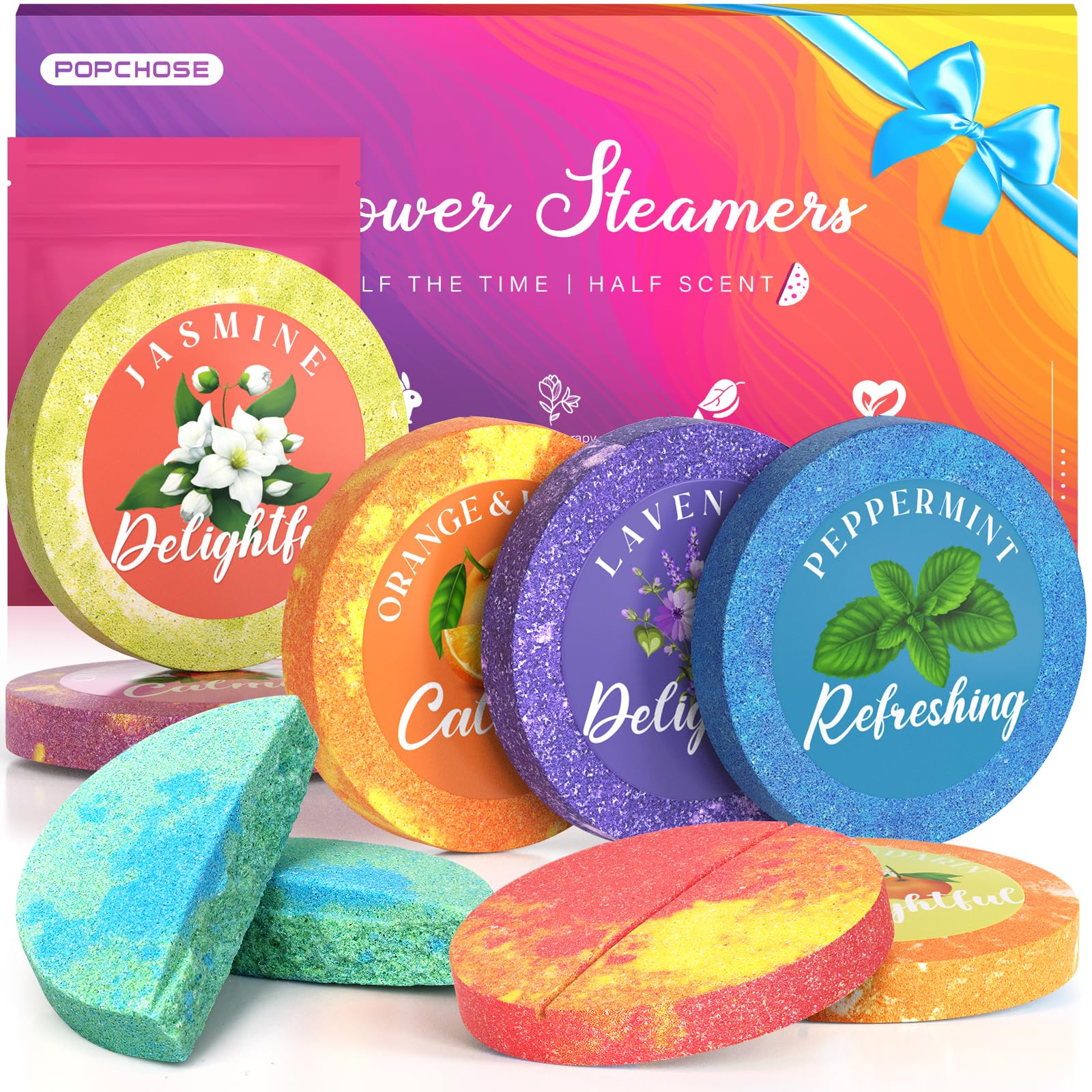 POPCHOSE Shower Steamers Aromatherapy, Stocking Stuffers for Women, Christmas Gifts for Teens and Women, Self Care & Home Spa Gifts for Mom, Men, Dad, and Teens, 8 Scented with Gift Packaging