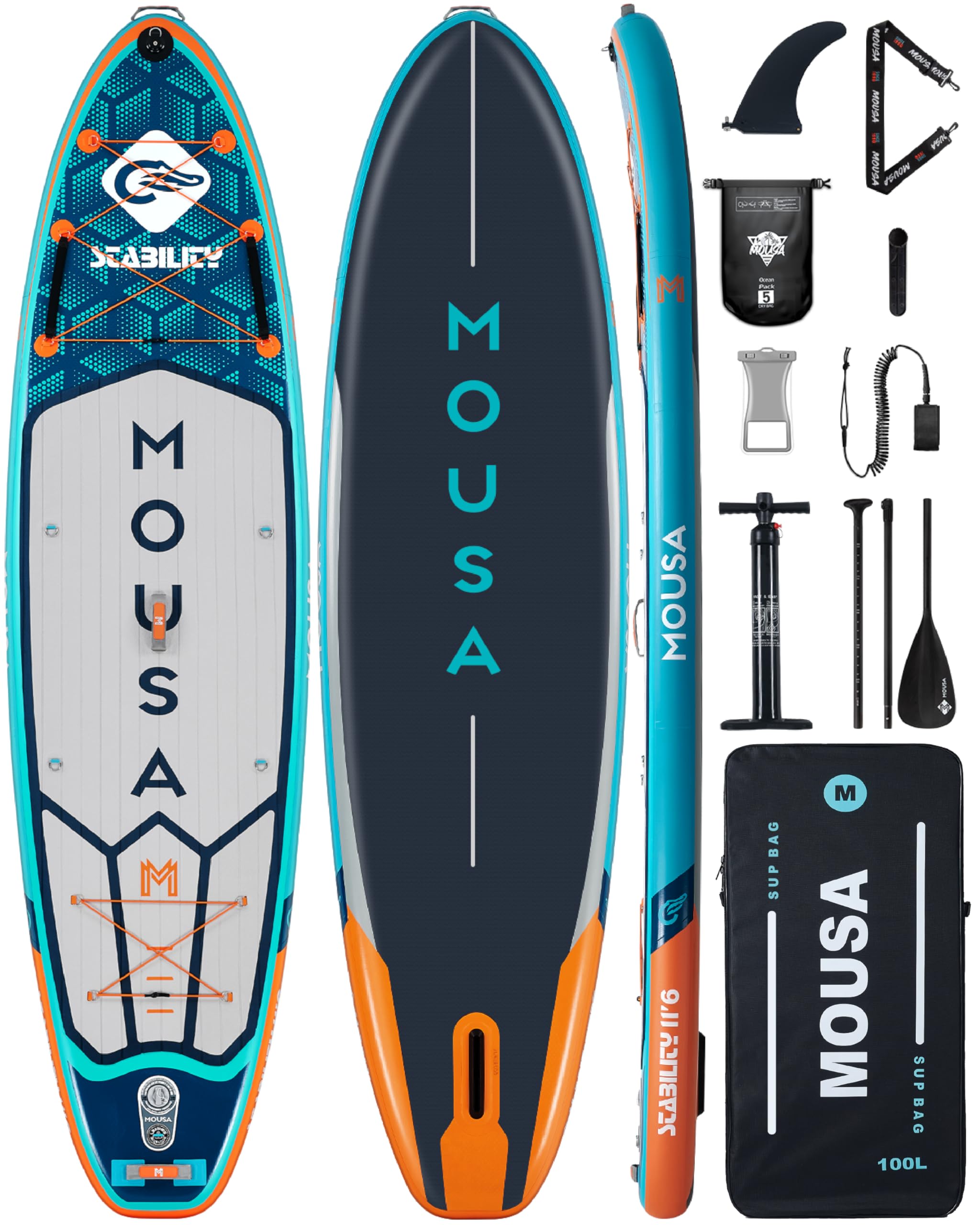 Photo 1 of MOUSA 11'6''×35" Extra Wide Inflatable Stand Up Paddle Board, Stable Long SUP for 2 People/Family, Shoulder Strap, 5 Handles, 100L Backpack, All-Round Sup Board, Removeable Big Fin