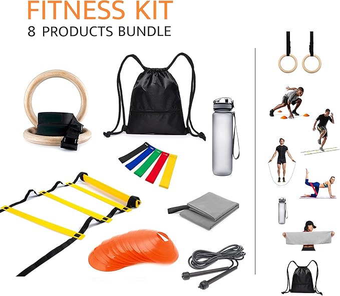 Equipo portátil Fitness Kit completo, 8 productos para Entrenamiento Funcional al aire libre (Anillas de madera, 10 conos, escalera agilidad, comba, bandas resistencia, toalla, botella y bolsa): Amazon.es: Deportes y aire libre