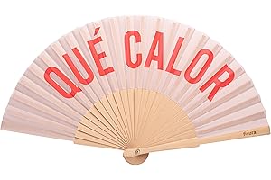 Fisura – Original beige folding fan with message qué calor, wooden handheld fan for women, perfect for rave, party, wedding, birthday, gift or summer decoration