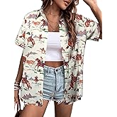 QLIPIN Western Button Up Shirts Women: Retro Cowgirl Shirt Rodeo Tops Hawaiian Summer Vacation Short Sleeve Top Blouses